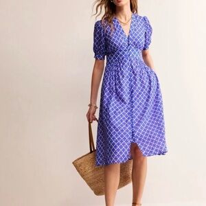 Boden Elsa Crinkle Midi Tea Dress, Purple Geometric Pattern, Women's 16-18R $190